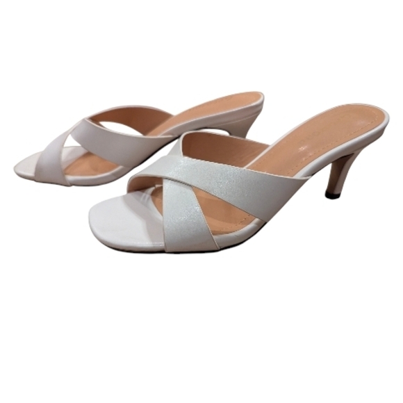 White Crisscross Heeled Sandals | Square Toe Slip-On Mules | Size 6.5M - Picture 5 of 12